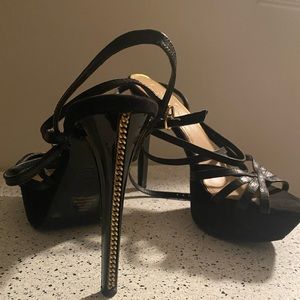 Black and Gold open toe platform high heels, size 8.5 W
